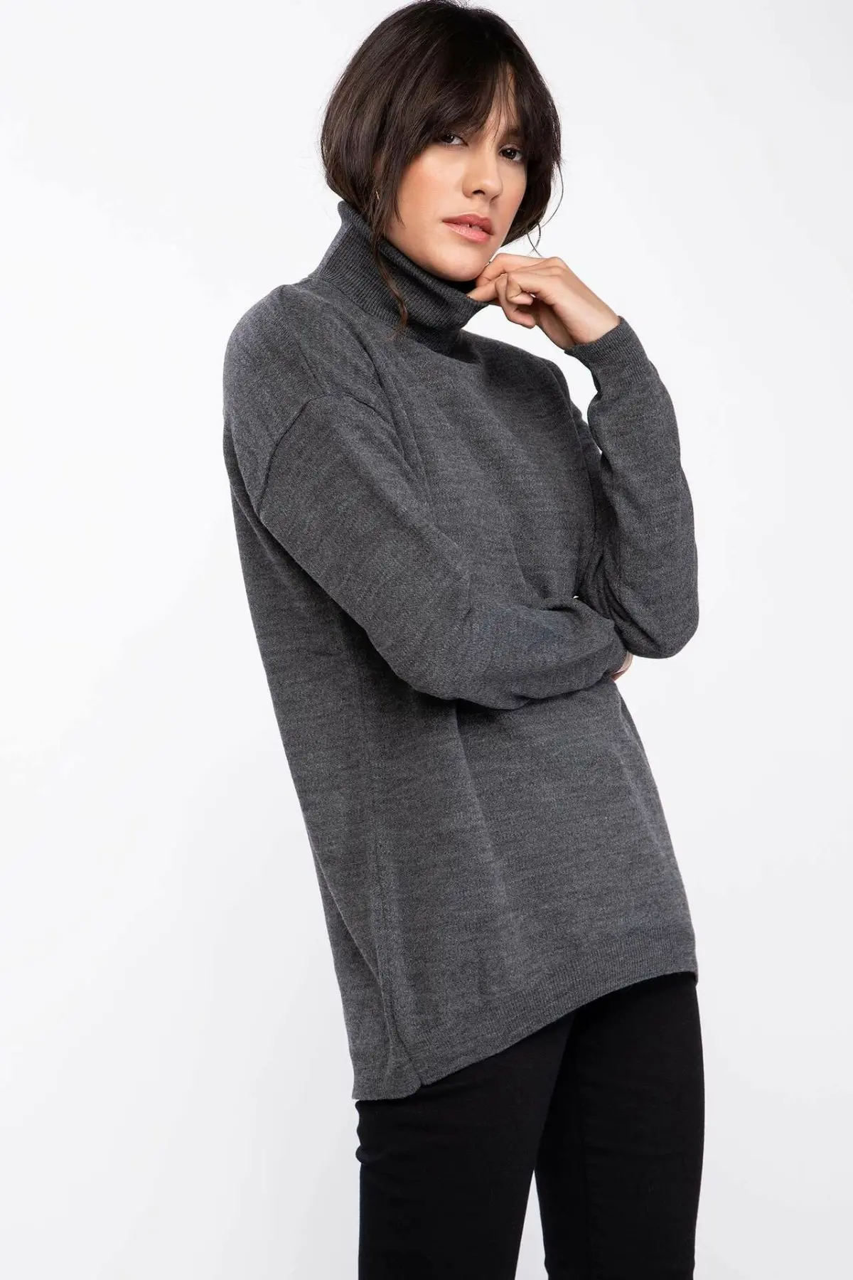 

DeFacto Woman Winter Turtleneck Loose Knitted Top Cloth Women Casual Red White Grey Color Pullovers Tunic-J4131AZ18WN