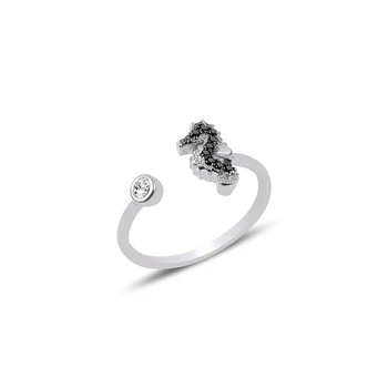 

Silver 925 Sterling Black Zircon Stone Adjustable Tall Seahorse Ring