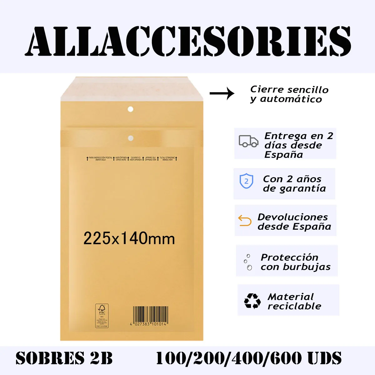 Sobres de papel 2B Kraft con acolchado de burbujas grande/pequeño con embalaje postal para envíos correo 100/200/400/600 piezas