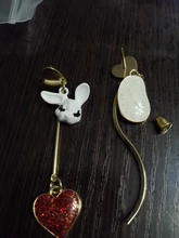 Fashion Earrings Asymmetric Time Rabbit Red Heart Woman Golden Metal Female
