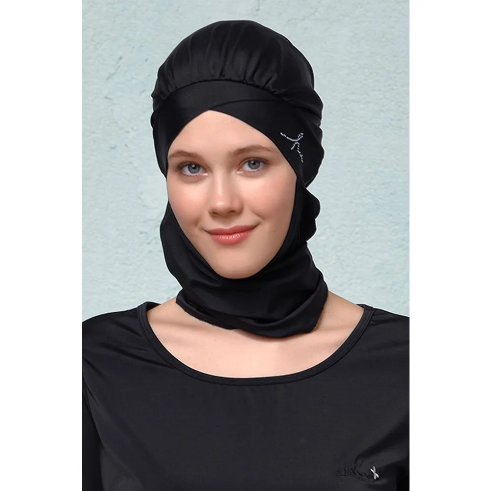 

Adult Swimming Caps Hashema Black Stone Embroidered Cross Pool Cap Women Swimming Pool Hat Islamic Hats Sea Cap Bath Ear Protect