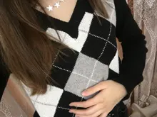 HEYounGIRL otoño negro V cuello de punto Vintage suéter Casual Argyle Jersey escocés mujeres Y2K estilo Preppy Jersey manga larga 2021