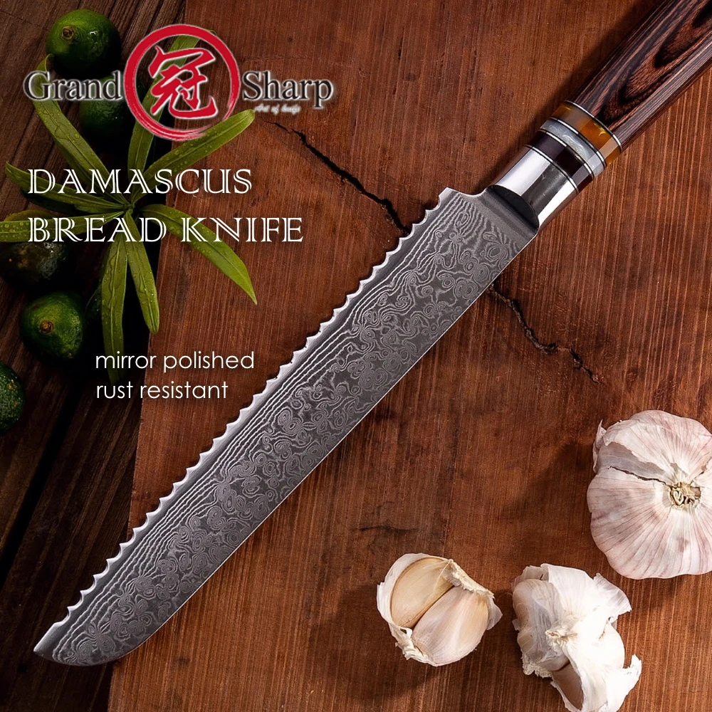  Damascus Kitchen Knives vg10 Japanese Damascus Steel Bread Knife Cake Slicing Bakery Tools Serrated - 32966782934