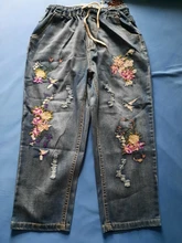 Harem Jeans Denim Pant Length-Trousers Floral-Embroidery Elastic Women Waist-Spring Chinese-Style