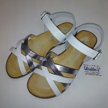 

Leather sandals white and silver with buckle, of Pimples