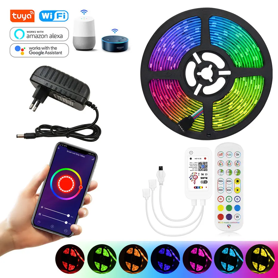 

Умная Светодиодная лента Tuya, 12 В, RGB, водонепроницаемая, 5050 SMD, с Wi-Fi управлением, гибкая лента для лампы, 5 м, 10 м, с дистанционным управлением, для спальни