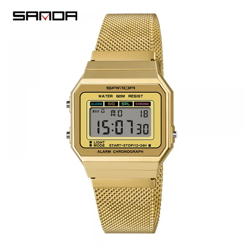 

SANDA Mesh Belt Watch Luxury Men's Watches Multi-Function Digital Electronic Personality Luminous Waterproof Outdoor Sport Watch