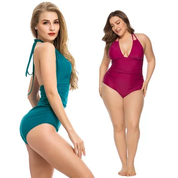

New 2019 Women's Large Size Swimsuit Solid Swimwear One-Piece Vacation Swimsuit Large Breast Bikini Sexy Fat MM Swimsuit