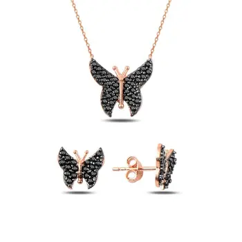 

Angemiel 925 Silver Black Zircon Stone Butterfly Set - Rose Gold Plated