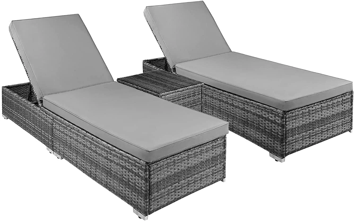 Rattan Sun Loungers, 3 Piece Rattan Recliner Chaise Lounge Set, 5