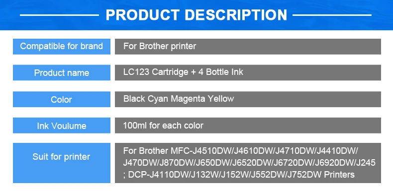 HINICOLE бутылка чернил 100 мл для Brother LC 121 123 125 127 129 DCP-J4110DW J132W J152W принтер+ LC123 XL заправляемые чернильные картриджи