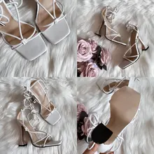 Aneikeh de verano zapatos de mujer Sandalias, de la Pu de moda Cruz-atado tacones de encaje fiesta bombas tamaño 35- 42 albaricoque blanco negro