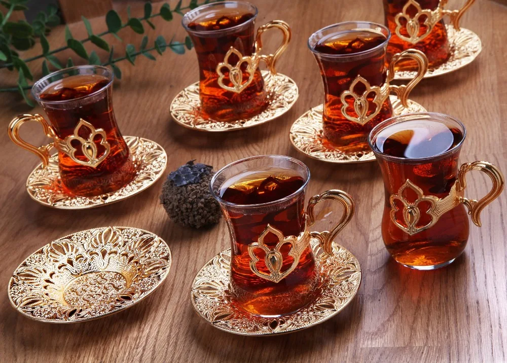 Traditional Turkish Tea Glasses Holders Serving Cups Saucers Set SET OF 6 