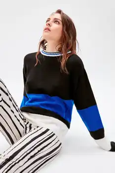 

Trendyol WOMEN-Indigo With Color Block Bicycle Neck Knitwear Sweater TWOAW20JK0012