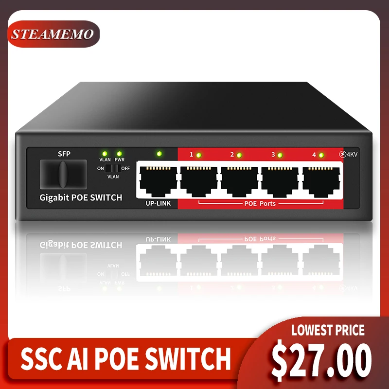 Коммутатор STEAMEMO Gigabit с 4 портами PoE 48 В Встроенный сетевой коммутатор Ethernet 52 Вт для