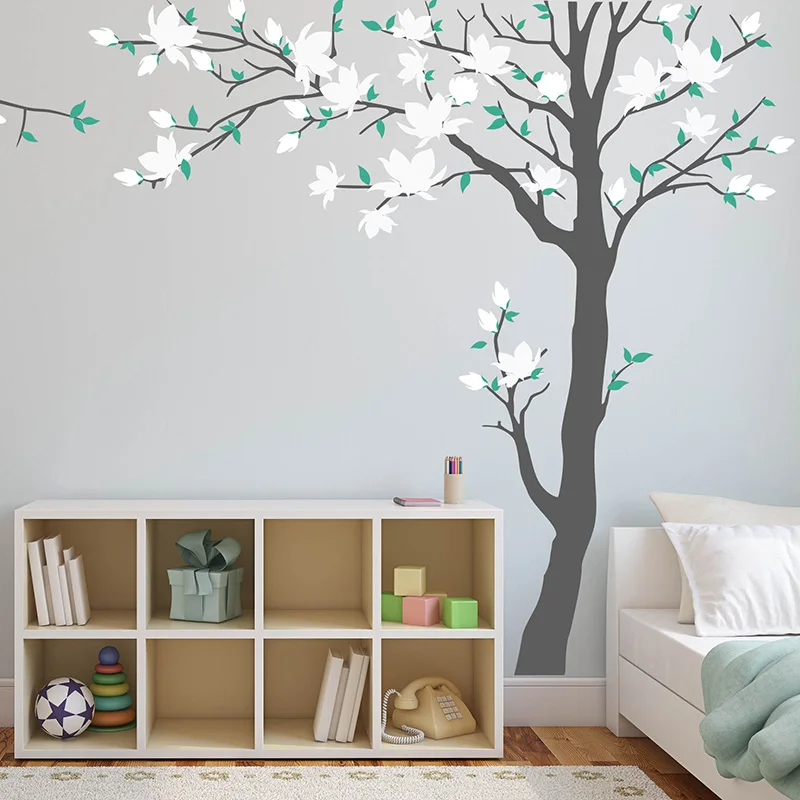 

Elegant Magnolia Tree Wall Decal Beautiful Magnolia Flowers Trees Decal White Floral Wall Art Decor for Nursery, Kids Room