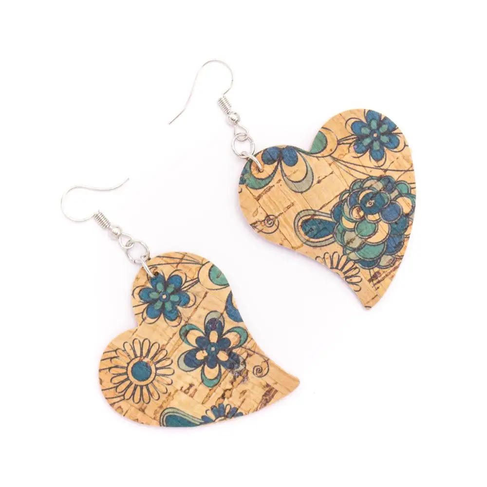Natural cork Color printed fabric heart pendant earrings Original handmade ladies earrings-ER-110-MIX-5