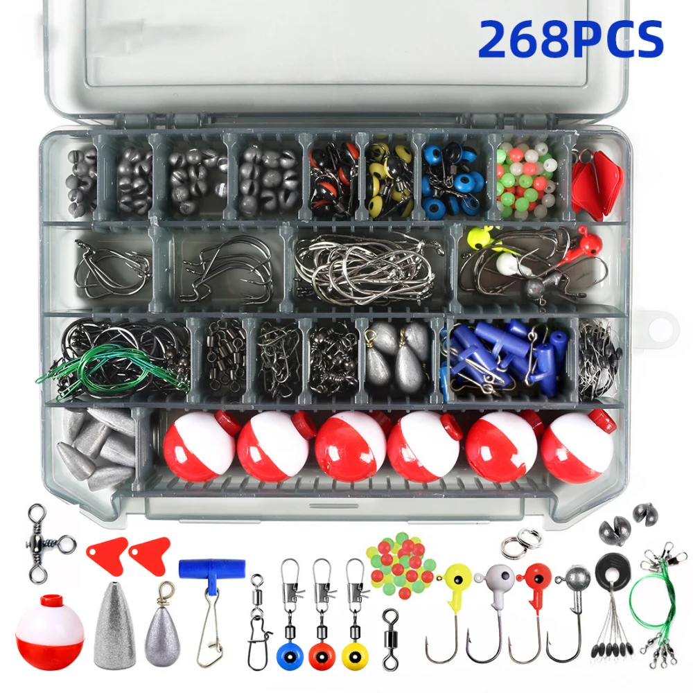 

268pcs Fishing Accessories Kit Set With Fishing Tackle Box Including Fishing Sinker Weights Fishing Swivels Snaps Jig Hook Pesca