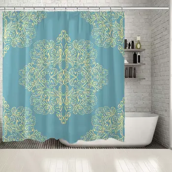 

Shower Curtain Damask Pattern Vintage Baroque Oriental Round Gold and Blue Decorative Artwork Print