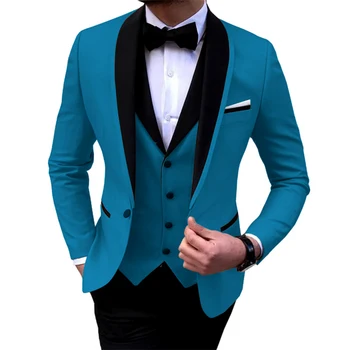 Blue Slit Mens Suits 3 Piece Black Shawl Lapel Casual Tuxedos for Wedding Groomsmen Suits Men 2020 (Blazer+Vest+Pant) 18