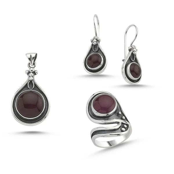 

Silver 925 Sterling Red Agate Stone Handwork Set