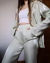 Shirt Leg-Pants Trousers Women Two-Pieces-Set OOTN Long-Sleeves Elegant Female Green