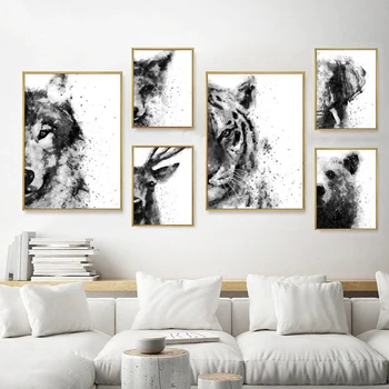

Abstract Watercolor Animals Painting Black White Posters Print Lion Elephant Peekaboo Nursery Canvas Pictures Living Room Decor