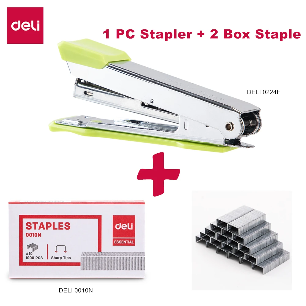 SET GRN WITH STAPLES DELI степлер № 10 металлический Прочный Модный Цветной степлер 0224F shool офисный планировщик канцелярские скобы аксессуары - Цвет: SET GRN WITH STAPLES