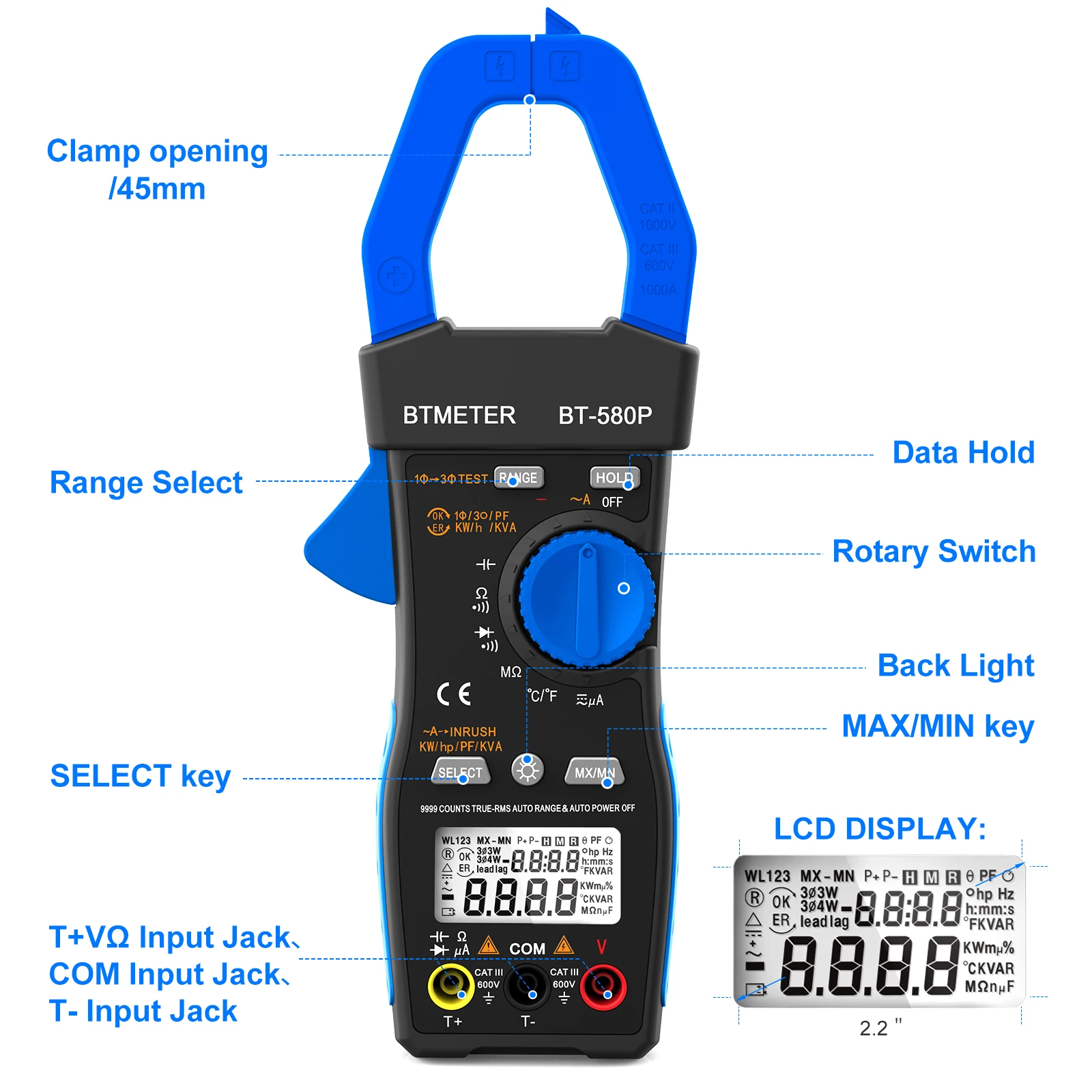 BTMETER BT-580P 1 상/3 상 파워 클램프 미터, DC/AC 전류 디지털 클램프 미터, 멀티미터, True RMS ACV, ACA, KW, KV A