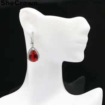 

34x14mm Classic Drop Shape Created Red Blood Ruby Natural White CZ Silve Earrings