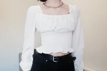 Short Blouses Womens Tops Long-Sleeve Vintage Square-Collar Casual Simple New Bow Solid