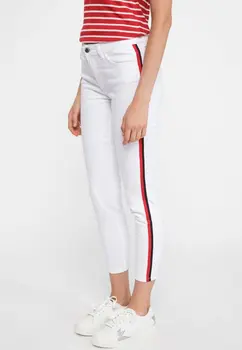 

DeFacto Women White Skinny Ankle Length Pants Red Striped Decors Female Fit Slim White Long Trousers-K0259AZ18AU-K0259AZ18AU