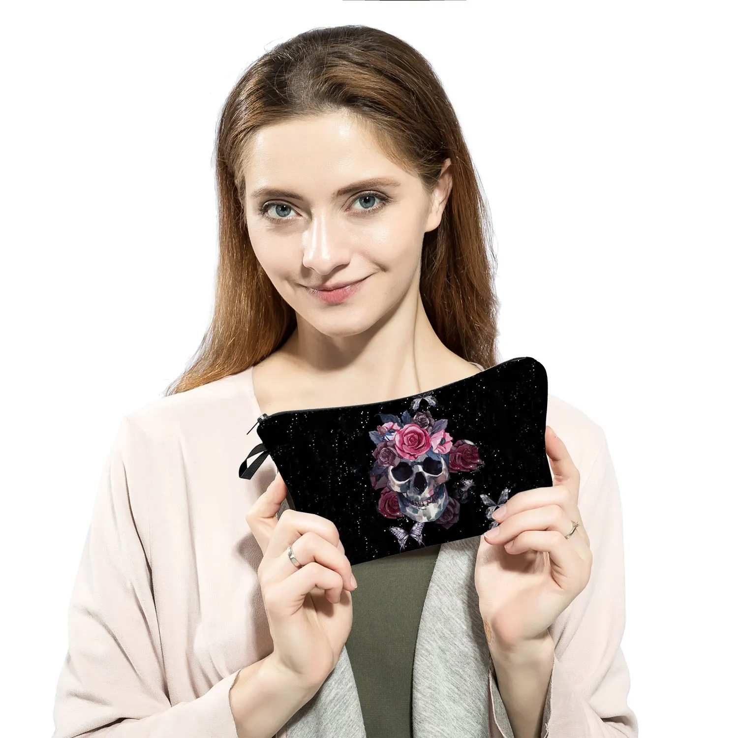 New Trend Hot Sale Cosmetic Bag Skull Floral Print Black Organizer Female Halloween Gift Candy Bag Cool Style Fashion Coin Purse