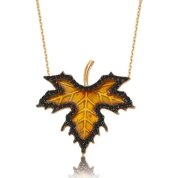 

Green Enameled Black Stone Sycamore Leaf Sterling Ladies Necklace cz47