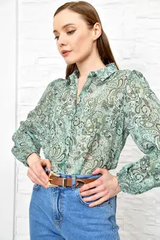 

Trend Alacati Style Women Green Flower Patterned Yoryo Chiffon Shirt DNZ-3126