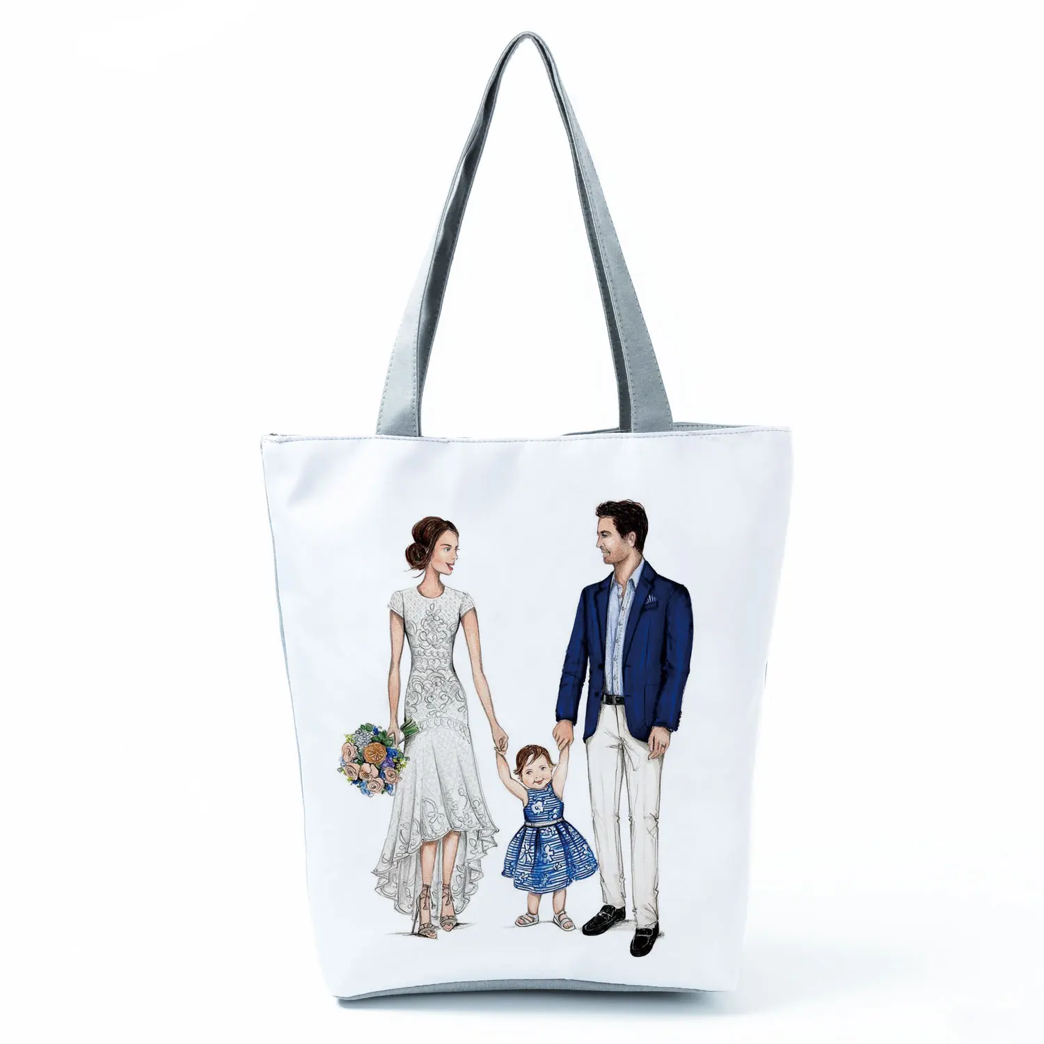 Cute Cartoon Super Mama Print Linen Tote Bag Reusable Shoulder Bags Mom And Baby Fold Women Casual Handbags Lady Fabric Totes 