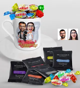 

Personalized Maried Caricature Of Turkish Coffee Cup Selamlique Mixed Turkish Coffee house And Haribo Candy Gift Seti-10