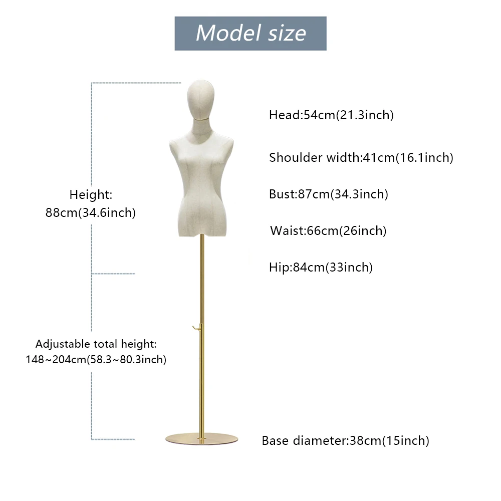 Female Mannequin Torso, Adjustable Height and Detachable Arms Dress Form Display with Metal Stand, Skin Tone, for Sweaters, T-Shirts, Jackets, Dresses