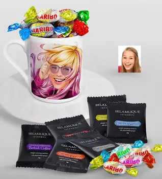 

Personalized Women 'S Abstract Caricature Of Turkish Coffee Cup Selamlique Mixed Turkish Coffee house And Haribo Candy Gift Seti-11
