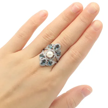

28x17mm Beautiful Created White Pearl London Blue Topaz CZ Gift For Ladies 2020 Jewelry Making Silver Rings
