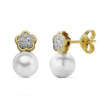 

Gold earrings 18k two-tone Pearl 12x6mm. Zircons [AA7324]