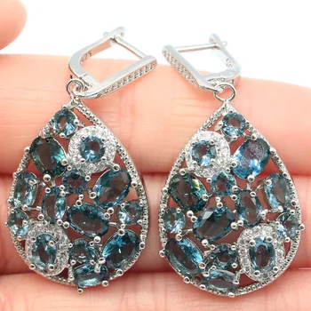 

46x23mm Highly Recommend 15g Drop Blue Silver Earrings For Women Created London Blue Topaz White Zircon Wholesale Drop Shipping