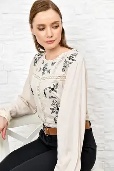 

Trend Alacati Style Women 'S Embroidery Embroidered V-Neck Woven Bluz ALC-X3545