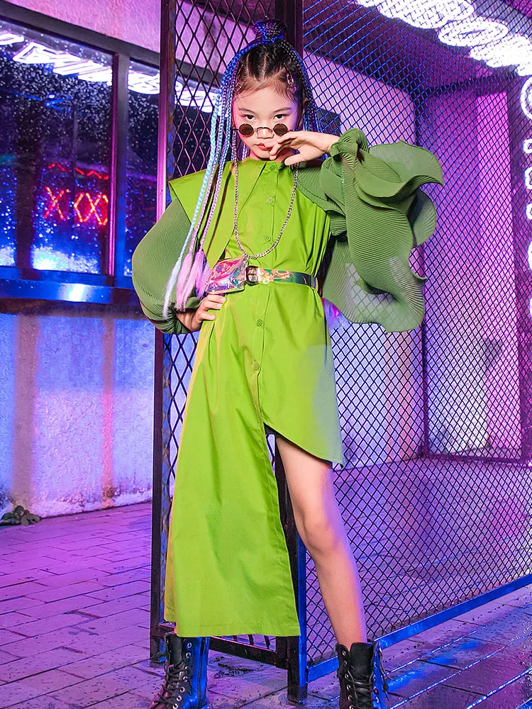 

ZZL Children's Models Show Clothes K-pop Stage Outfit Green Dress Butterfly Sleeve Autumn Winter Jazz Hip-hop Performance Wear