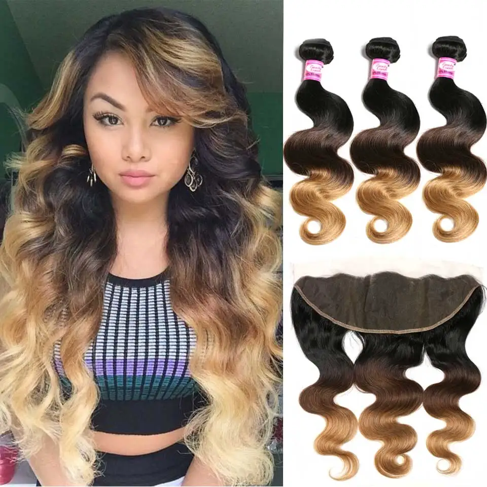 

Lace Frontal Closure With Bundles Ombre Body Wave Brazilian Hair Weave Bundles Non-Remy Human Hair 3 Bundles With Frontal