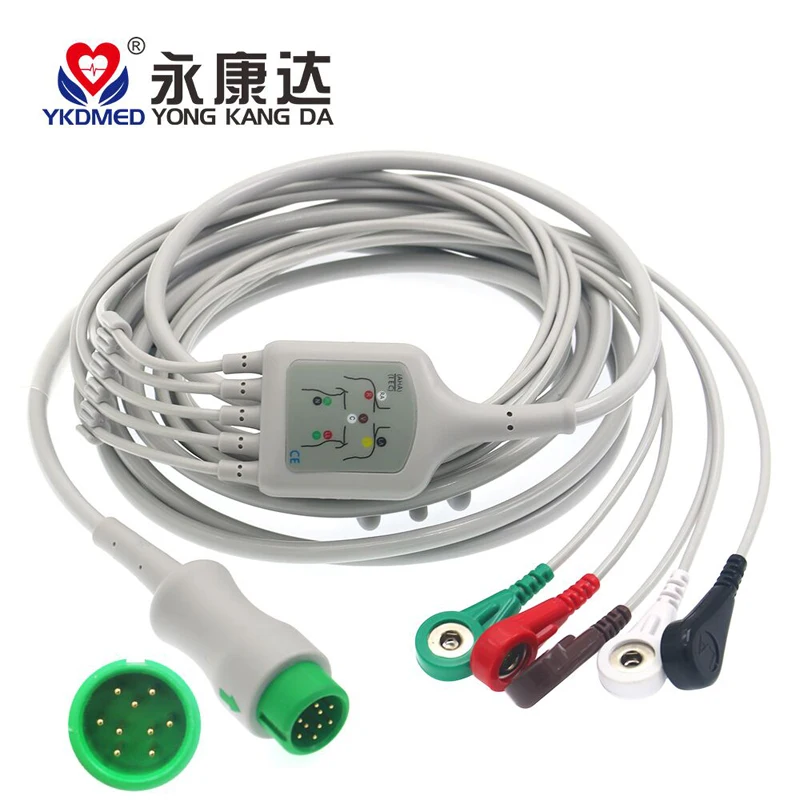 One-Piece Compatible Yonker Male 9 Pin AHA Snap 5 Lead ECG EKG Cable