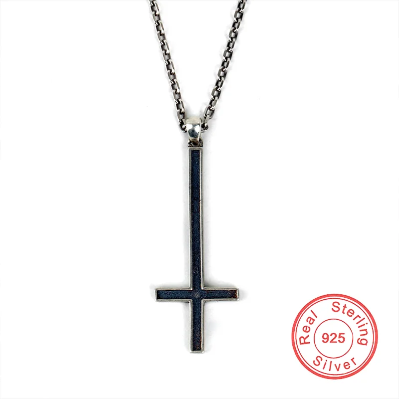 

New 100% 925 Sterling Silver Cross Pendant Necklace For Men Women Vintage Gothic Satan Inverted Devil Simple Jewelry Gift Party