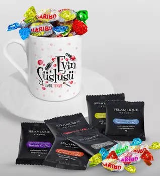 

Personalized House Süslüsü Turkish coffee Cup Selamlique Mixed Turkish Coffee House and Haribo Candy Gift Set-4