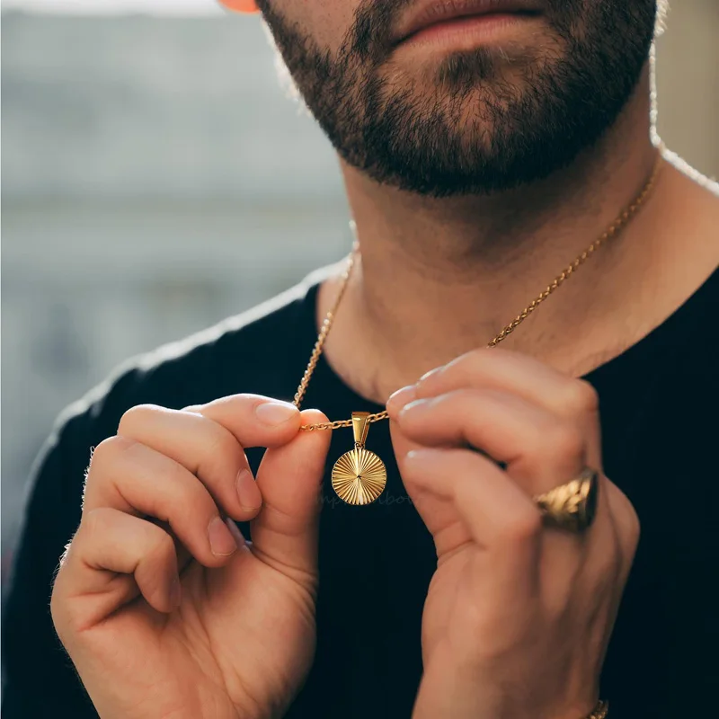Men Pendant Necklace,Gold Plated Embossing Radiation Round Disc