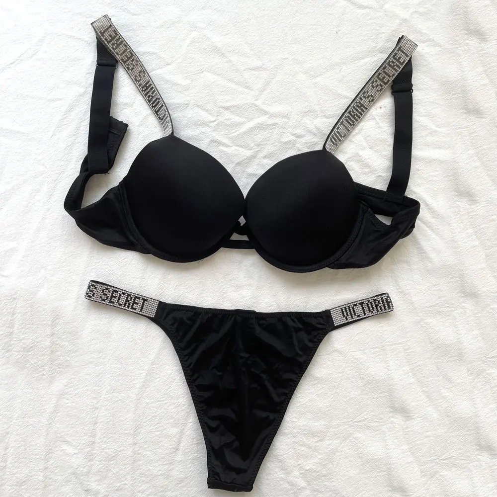 New VICTORIA’S SECRET Fashion Women Plus Size Bra Panty 2 Piece Push Up Sexy Underwear Briefs Set Letter Rhinestone Lingerie Set